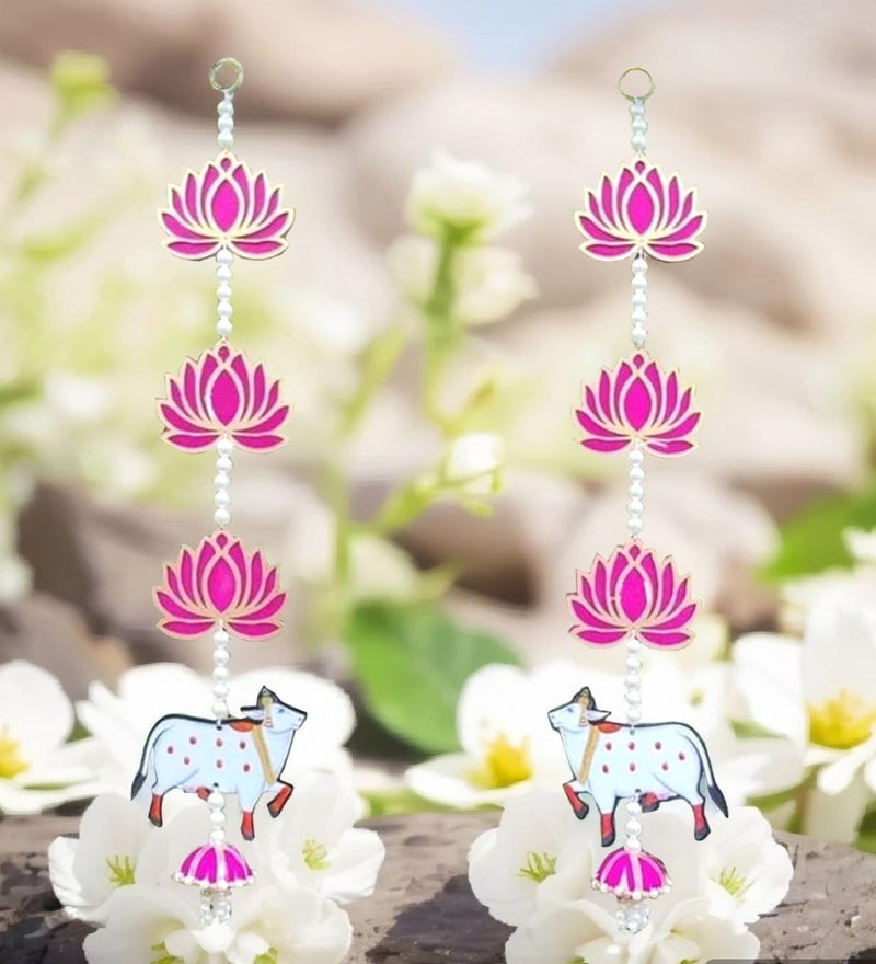 BENAVJI Presents Handmade MDF Wooden Lotus with Cow Door Toran Jhumka Style Hanging for Diwali Decoration Wall Hangings for Home Decor, Temple, Main Door Entrance 60 Cm Length Pack of 2 - Image 2
