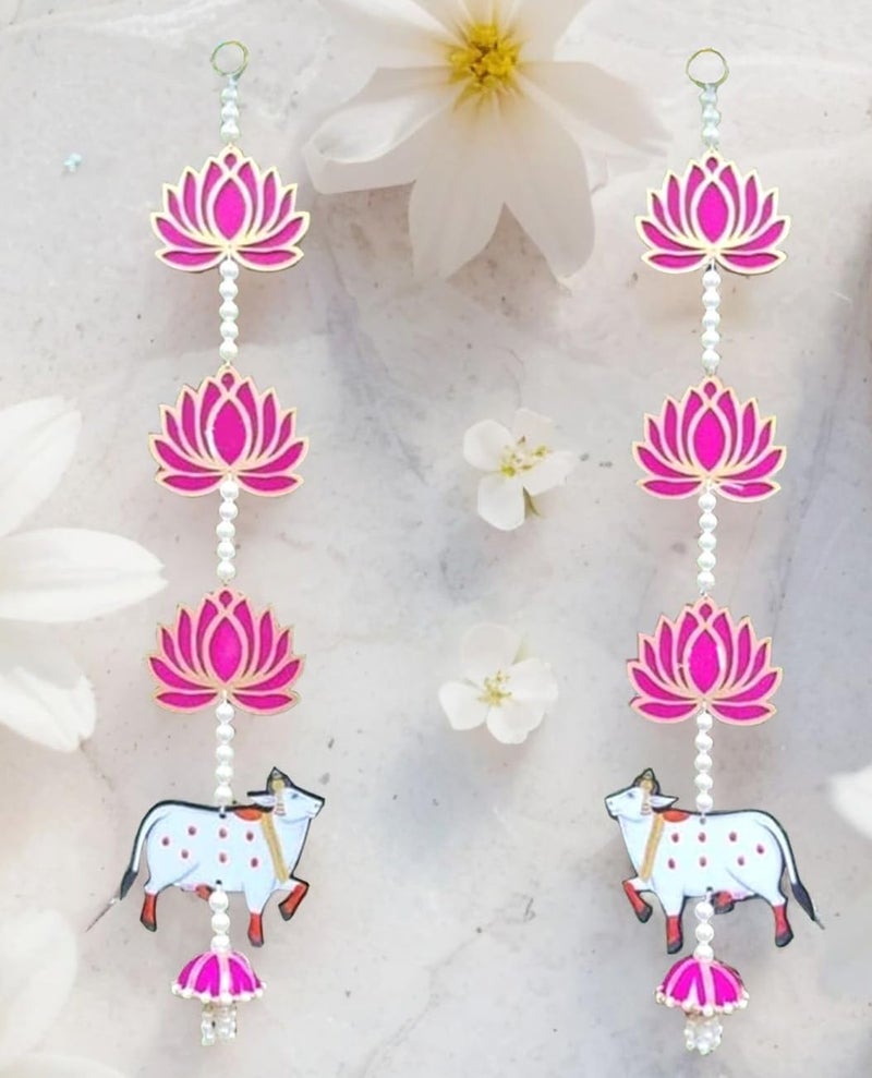 BENAVJI Presents Handmade MDF Wooden Lotus with Cow Door Toran Jhumka Style Hanging for Diwali Decoration Wall Hangings for Home Decor, Temple, Main Door Entrance 60 Cm Length Pack of 2 - Image 3