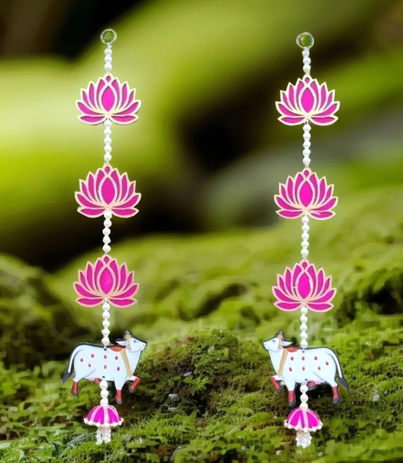 BENAVJI Presents Handmade MDF Wooden Lotus with Cow Door Toran Jhumka Style Hanging for Diwali Decoration Wall Hangings for Home Decor, Temple, Main Door Entrance 60 Cm Length Pack of 2 - Image 1