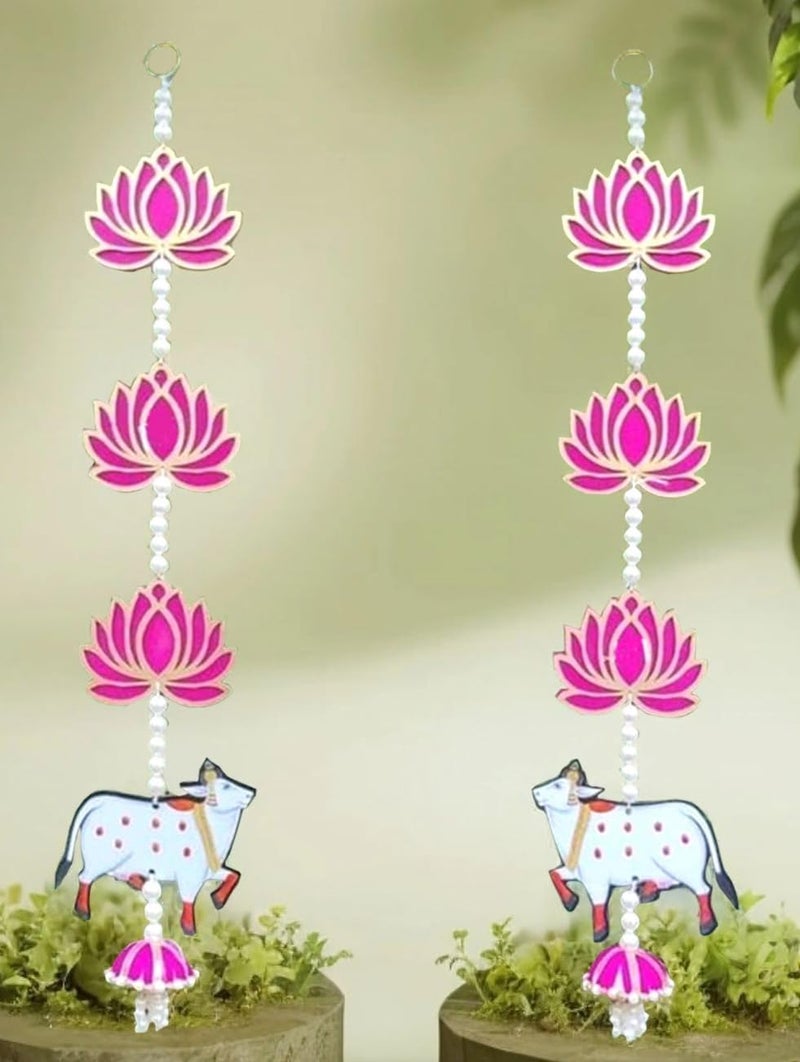 BENAVJI Presents Handmade MDF Wooden Lotus with Cow Door Toran Jhumka Style Hanging for Diwali Decoration Wall Hangings for Home Decor, Temple, Main Door Entrance 60 Cm Length Pack of 2 - Image 4