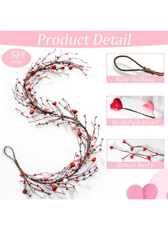 Cherica 5 Ft Valentines Day Garland, Pink Red Berry Heart Garland Valentines Day Decorations for Home, Valentine's Decor Centerpieces for Table Mantle Office Party Wedding Decor - Image 3