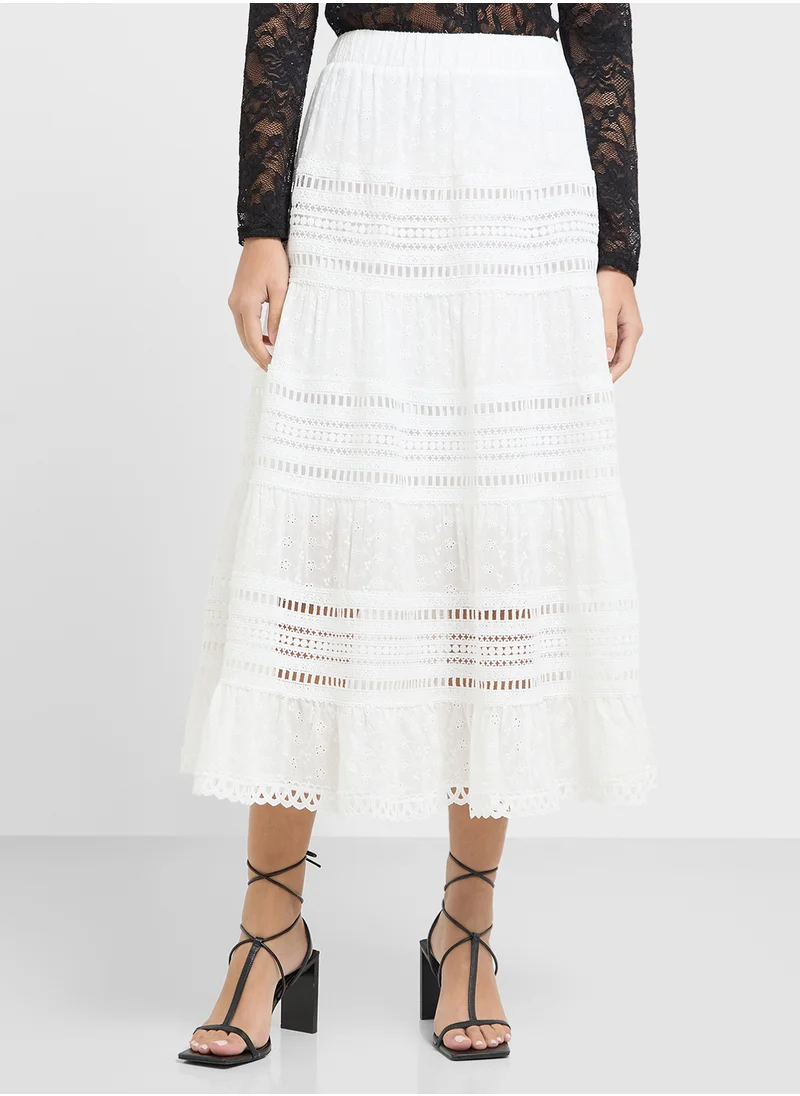 Ginger Lace Embroidery Detail Tiered Maxi Skirt