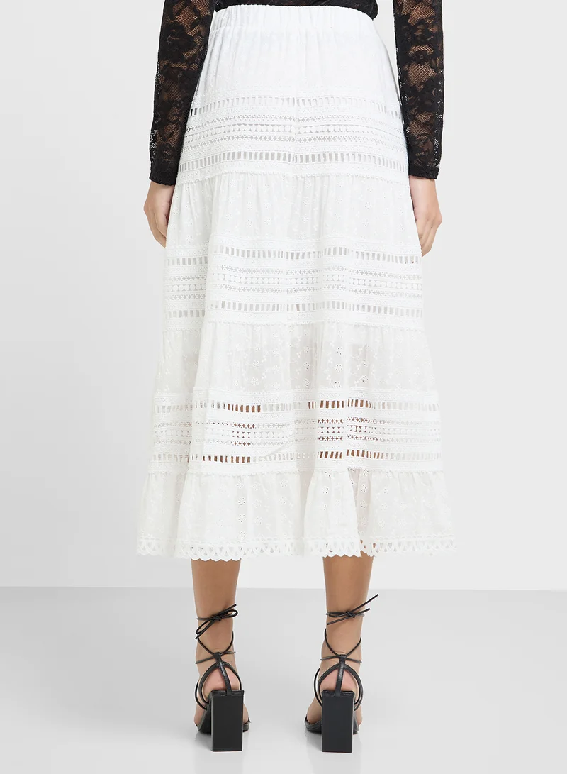 Ginger Lace Embroidery Detail Tiered Maxi Skirt