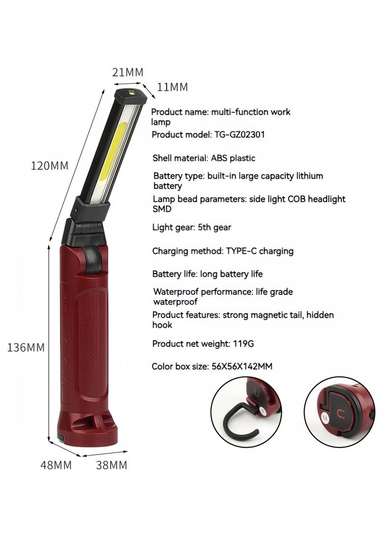 DRAVEN - GG - LED Work Light USB Rechargeable Waterproof and Hanging Hook Magnetic Base Versatile Usage Foldable Flashlight for Car Repairing Camping  Mechanic Light for Job Site Lighting Engines Repair Work - Image 1