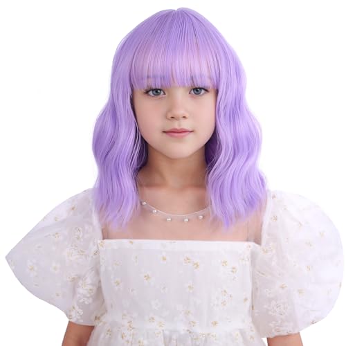 DUDUWIG Girls Lavender Purple Wig Child Short Light Purple Wavy Curly Wig Kids Wigs with Air Bangs Heat Resistant Synthetic Wigs with Cap - Image 1