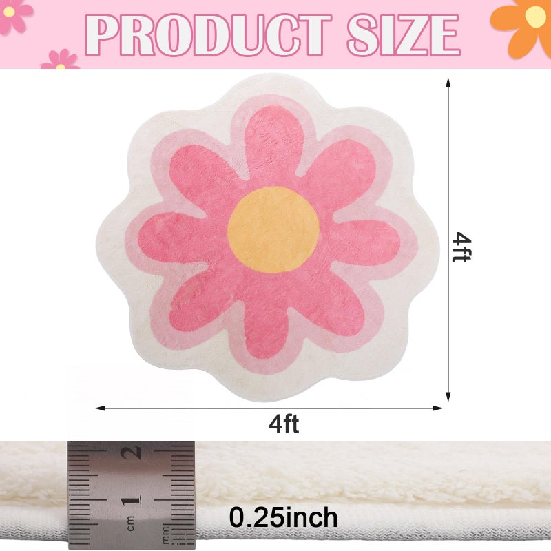 Tinideya Aesthetic Cute Flower Round Area Rug Non Slip Circle Soft Fluffy Flower Rug Indoor Floor Mat Carpet for Girls Bedroom Bathroom Living Room Sofa Nursery Decor(Pink, 4 ft) - Image 2