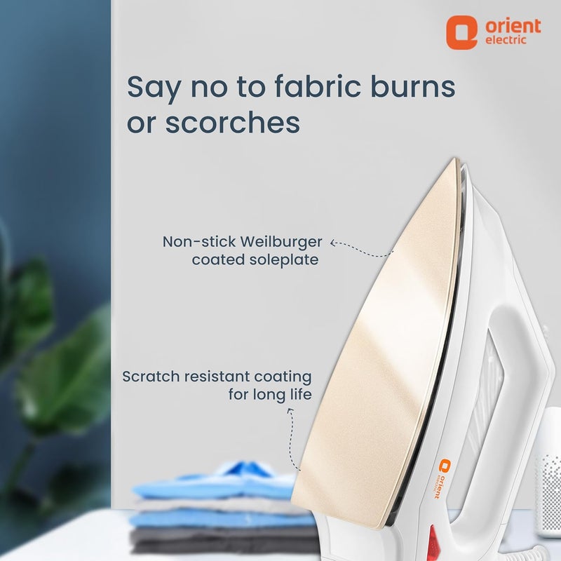Orient Electric مكواة فابريسموث 1000 واط (ضغط) | طلاء غير لاصق من ويلبرجر | ترموستات بطبقة فضية | عنصر تسخين على شكل G | معتمد من ISI | ضمان استبدال لمدة عامين من أوريانت - Image 4
