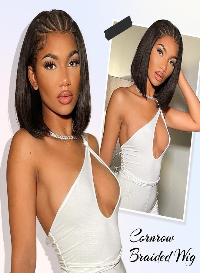Lady Miranda 13x4 Straight Bob Lace Frontal Wigs Pre-Braided Cornrow Lace Front Bob Wig for Black Women Short Braided Wigs for Black Women Stylish Glueless Synthetic Wig (Dark Brown) - Image 5