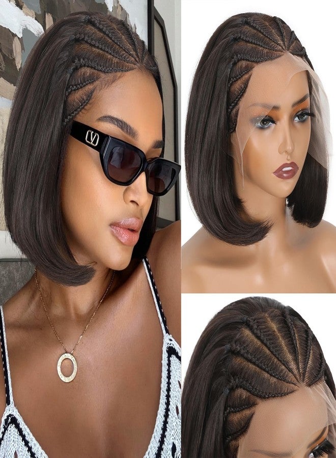Lady Miranda 13x4 Straight Bob Lace Frontal Wigs Pre-Braided Cornrow Lace Front Bob Wig for Black Women Short Braided Wigs for Black Women Stylish Glueless Synthetic Wig (Dark Brown) - Image 1