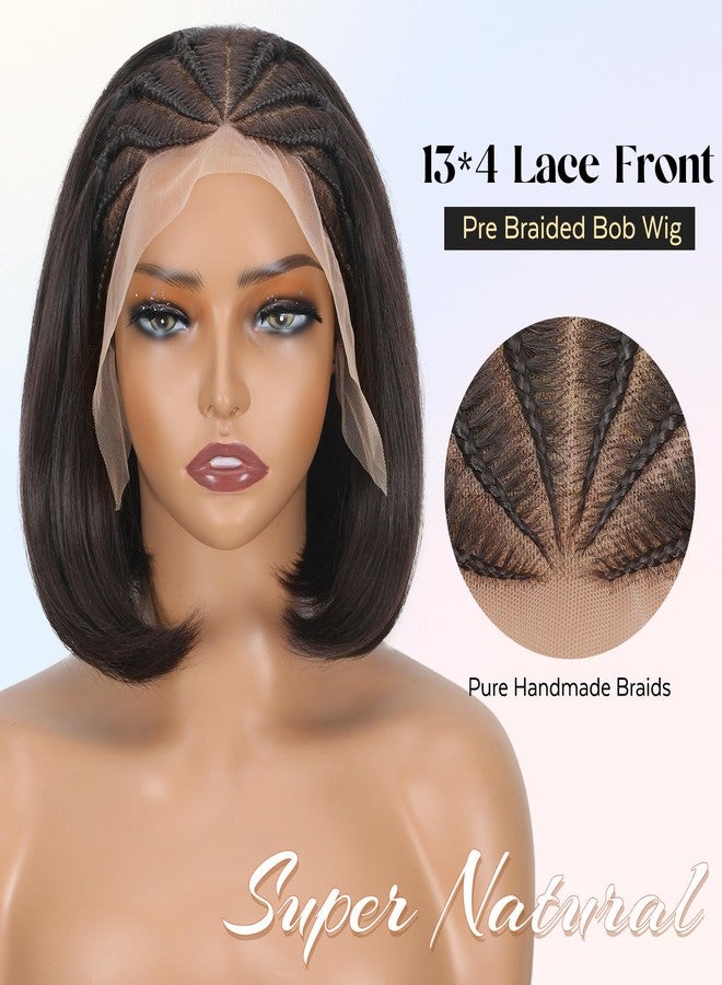 Lady Miranda 13x4 Straight Bob Lace Frontal Wigs Pre-Braided Cornrow Lace Front Bob Wig for Black Women Short Braided Wigs for Black Women Stylish Glueless Synthetic Wig (Dark Brown) - Image 2