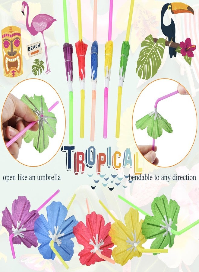 ALINK 50pcs Umbrella Straws, Long Cocktail Drink Umbrellas Fancy Flower Bar Straws for Tropical Summber Beach Luau Tiki Hawaiian Party Decorations - Hibiscus - Image 2