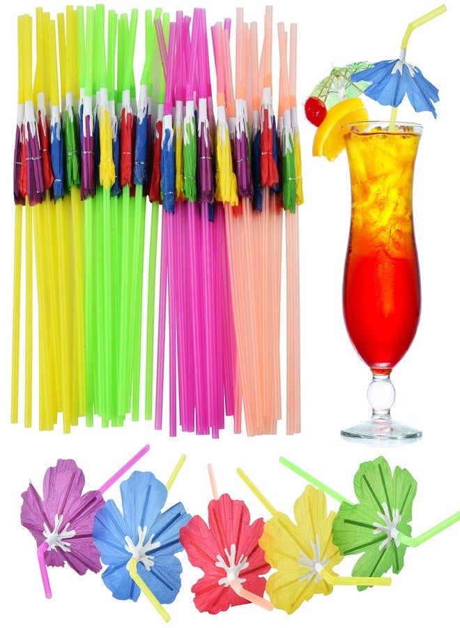 ALINK 50pcs Umbrella Straws, Long Cocktail Drink Umbrellas Fancy Flower Bar Straws for Tropical Summber Beach Luau Tiki Hawaiian Party Decorations - Hibiscus - Image 1