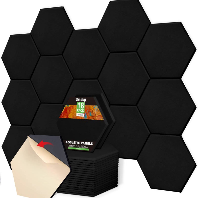 Dmsky 18 Pack Acoustic Panels-12"X10"X 0.4" Self-Adhesive Soundproof Wall Panels High-Density Sound Absorbing Panel Acoustic Treatment Panel Used in Home & Offices ï¼ˆBlack Hexagonï¼‰ - Image 1