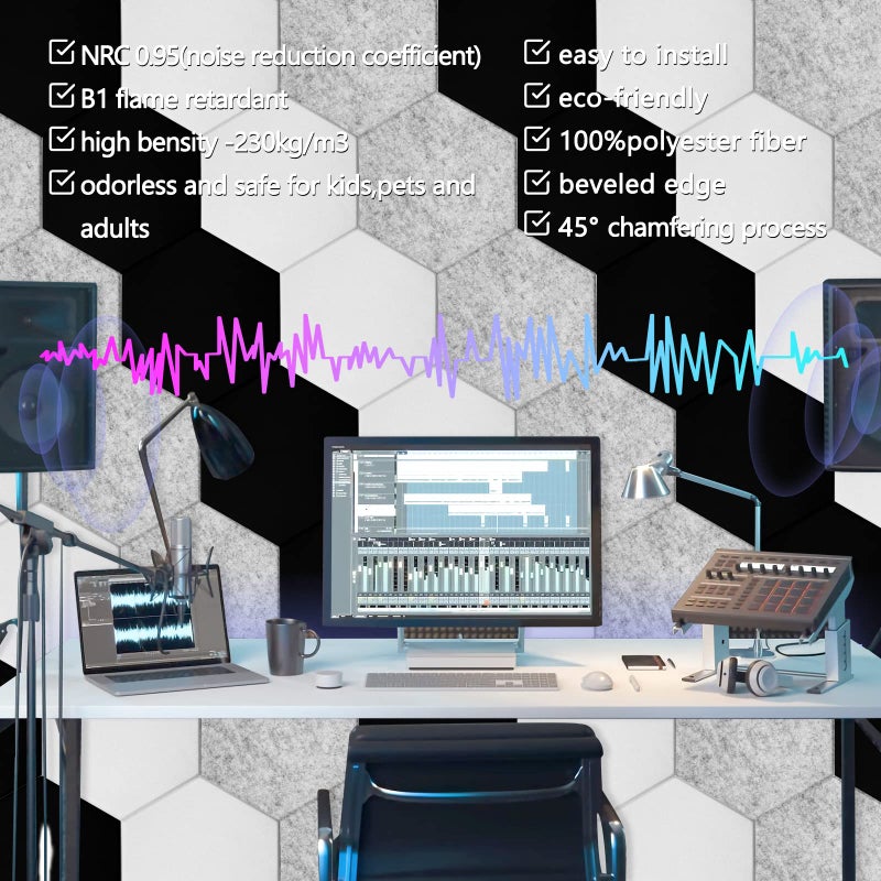 Dmsky 18 Pack Acoustic Panels-12"X10"X 0.4" Self-Adhesive Soundproof Wall Panels High-Density Sound Absorbing Panel Acoustic Treatment Panel Used in Home & Offices ï¼ˆBlack Hexagonï¼‰ - Image 3