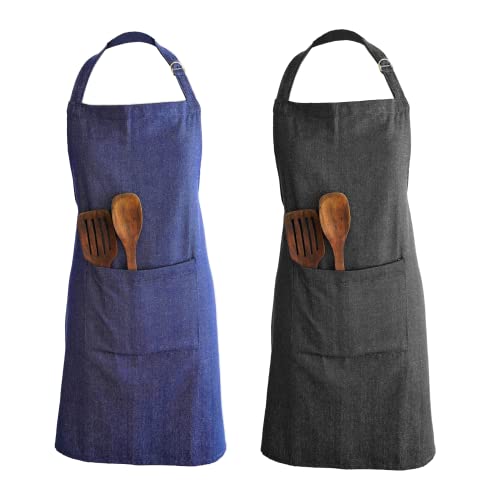 Ecotribe Set of 2 Cotton Apron for Kitchen-Adjustable Belt-Unisex Apron with Utility Pocket-Cooking Kitchen Apron-Free Size (Denim Blue & Denim Grey) - Image 1