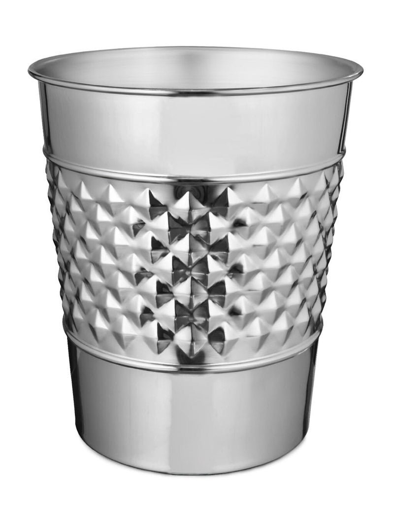 Monarch Abode Metal Bathroom Trash Can Waste Basket for Bedroom Office Desk Dorm Handcrafted Geo Embossed Durable Decorative Nickel Chrome Small Trash Can Bathroom Garbage Bin Wastebasket