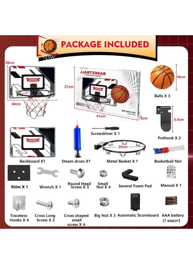 Pikengenus Mini Basketball Hoop for Kids 5 6 7 8 9 10 11 12 Years Over The Door Basketball Hoop with Electronic Scoreboard and 3 Balls - Image 5