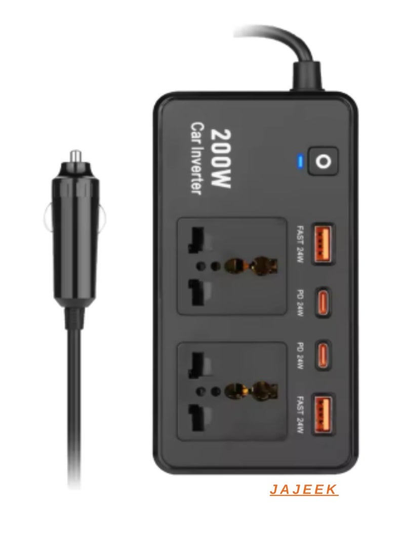JAJEEK Power Inverter Car Adapter from 12V to 220V Electric Devices – 200W USB Type-C Universal Voltage Converter, Compact & Portable, Ideal for Car, Travel, and Outdoor Use, Powers Laptops, Smartphones, Tablets, and More  - Image 1