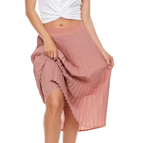 TEERFU Womens Ladies Summer Flared Pleated Skirt A-line Midi Skirts Pink Large - Image 4