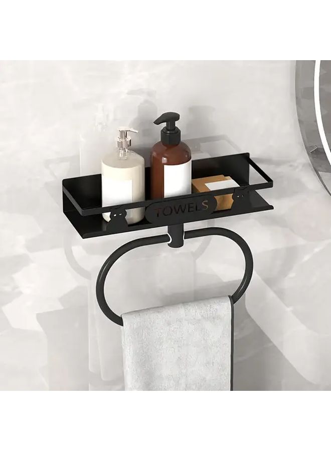 Black Wall Mounted Towel Rack With Storage Tray No Drill - Image 1