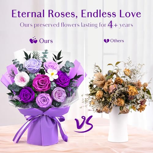 Yastouay Forever Rose Flowers for Delivery 8Piece Preserved Roses Bouquet for Mothers Day Gifts Long Lasting Purple Roses with Gift Box for Mom Forever Flowers with Vase Birthday Gift for Her Wife - Image 3