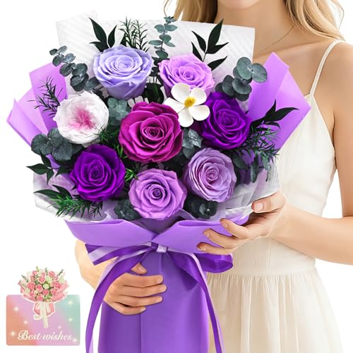 Yastouay Forever Rose Flowers for Delivery 8Piece Preserved Roses Bouquet for Mothers Day Gifts Long Lasting Purple Roses with Gift Box for Mom Forever Flowers with Vase Birthday Gift for Her Wife - Image 1