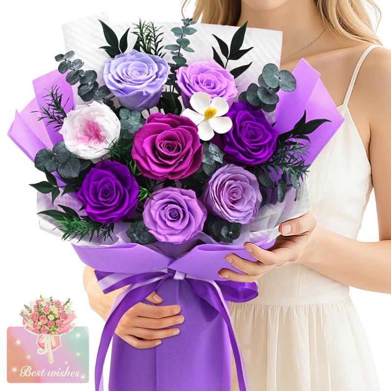 Yastouay Forever Rose Flowers for Delivery 8Piece Preserved Roses Bouquet for Mothers Day Gifts Long Lasting Purple Roses with Gift Box for Mom Forever Flowers with Vase Birthday Gift for Her Wife - Image 2