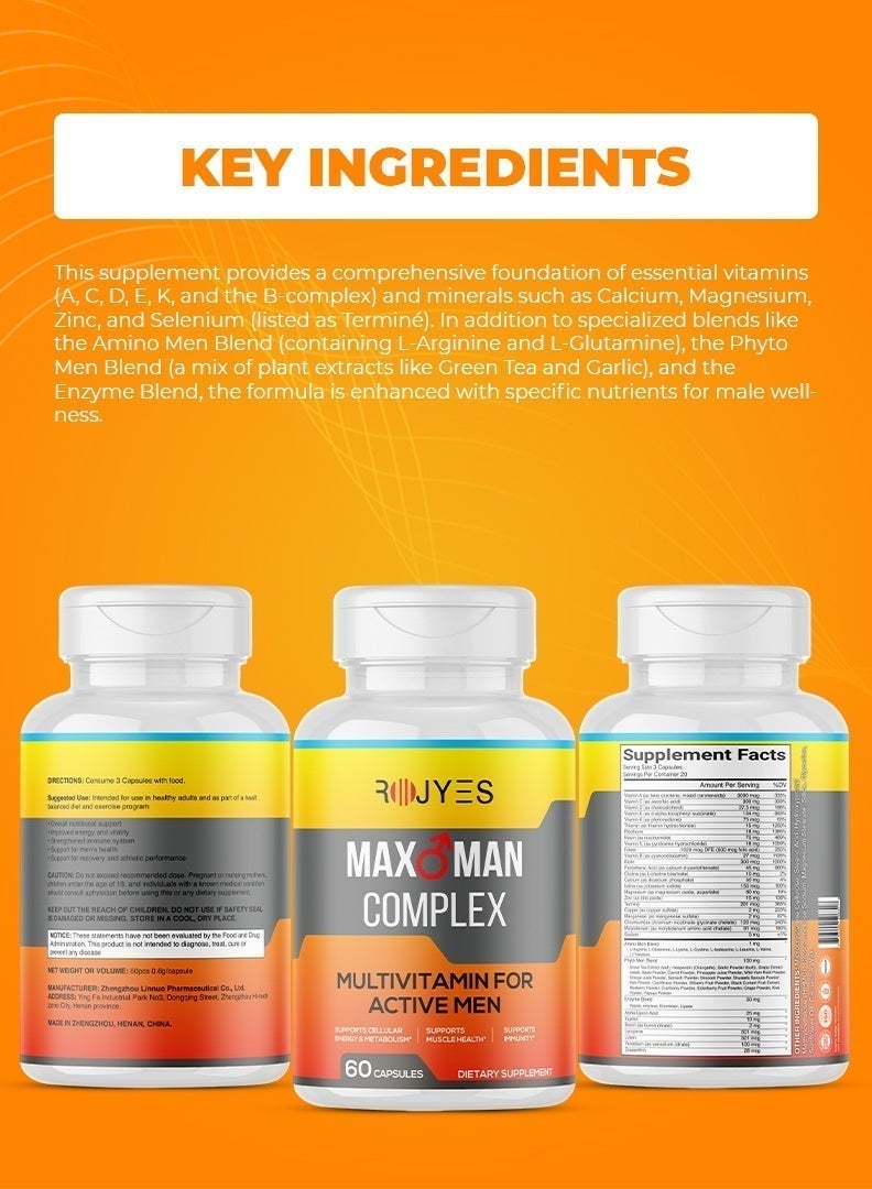 ROJYES Max Man Complex Multivitamin for Men, Daily Multivitamin with Energy Support, Immune Booster, Metabolism and Muscle Support, Vitamins for Men Health and Vitality, 60 Capsules - Image 2