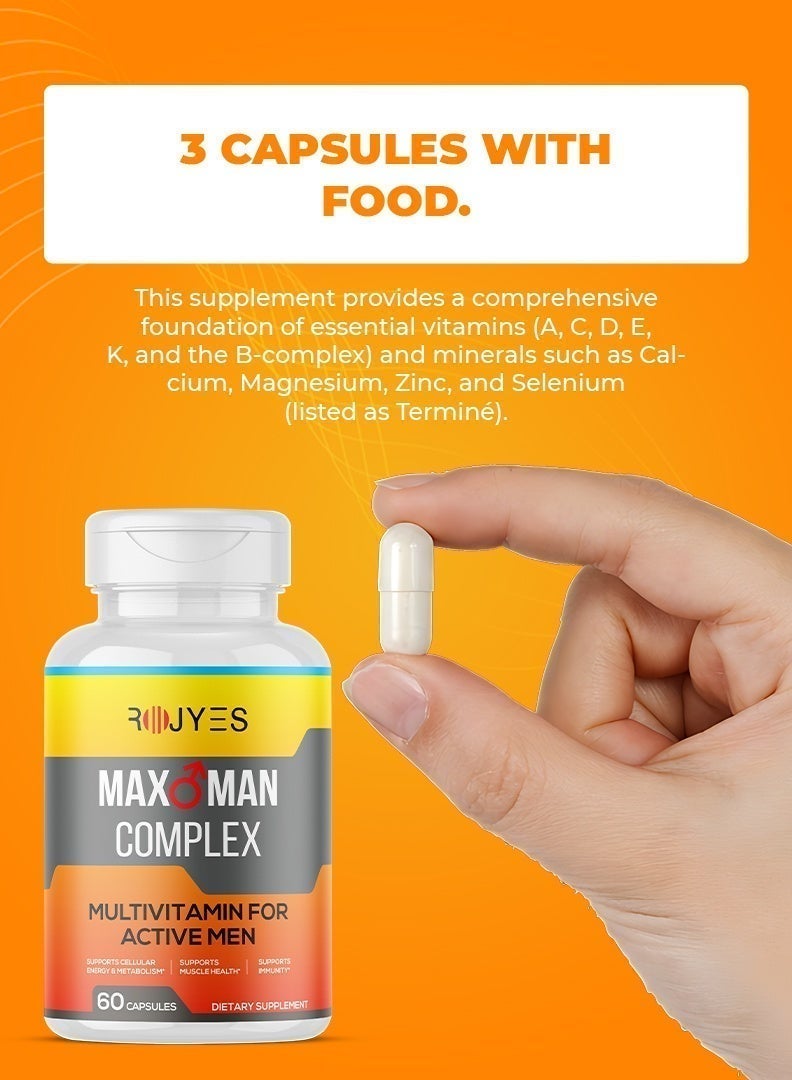 ROJYES Max Man Complex Multivitamin for Men, Daily Multivitamin with Energy Support, Immune Booster, Metabolism and Muscle Support, Vitamins for Men Health and Vitality, 60 Capsules - Image 3