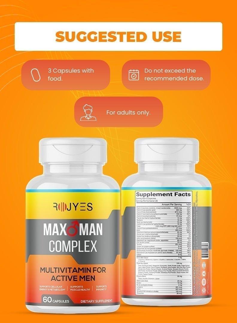 ROJYES Max Man Complex Multivitamin for Men, Daily Multivitamin with Energy Support, Immune Booster, Metabolism and Muscle Support, Vitamins for Men Health and Vitality, 60 Capsules - Image 5