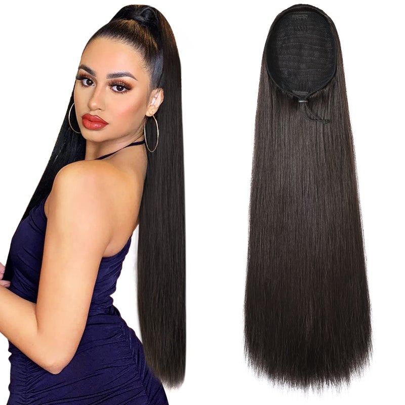 SEIKEA 28" Ponytail Extensions Drawstring Long Straight Fake Pony Tail Natural Soft Clip in Hair Extension Synthetic Heat Resistant Hairpiece - Black Brown - Image 1