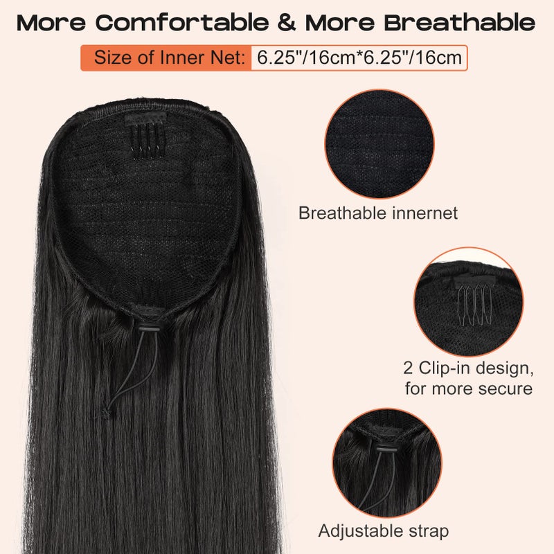 SEIKEA 28" Ponytail Extensions Drawstring Long Straight Fake Pony Tail Natural Soft Clip in Hair Extension Synthetic Heat Resistant Hairpiece - Black Brown - Image 4