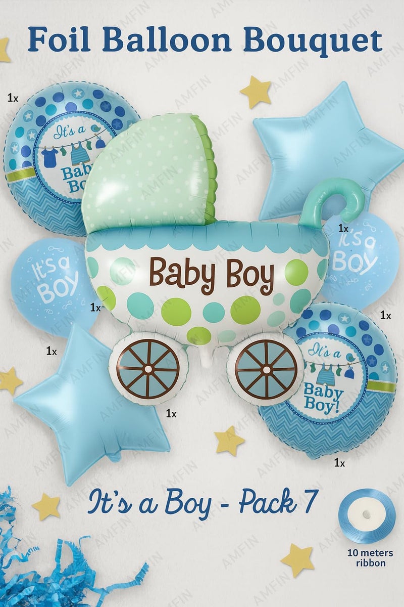 AMFIN (Pack of 7) Cradle shape Baby Shower Foil Balloons Baby shower decoration material Its a boy decorations - Blue - Image 2