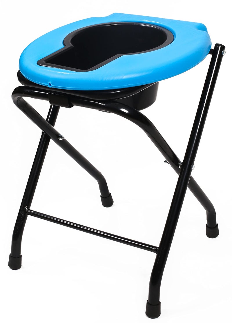 PHYSIQO Folding Elderly Disabled Man And Pregnant Woman Iron Shower And Bathing Room Mobile Commode Stool With Toilet Seat Comfortable Safe Toliet Stool Anti-Skid (Blue) - With Pot - Image 1
