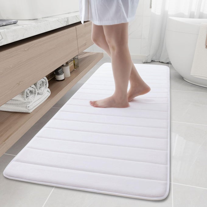 MEMORY FOAM BATH MAT 70 X 24 ULTRA SOFT AND NONSLIP BATHROOM RUGS WATER ABSORBENT AND MACHINE WASHABLE BATH RUG RUNNER FOR BATHROOM SHOWER AND TUB WHITE