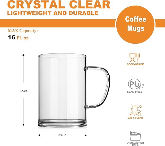 PrimeWorld Glass Coffee Mugs – Set of 4, 470 ml | Large Clear Glass Tea & Coffee Cups | Lead-Free Flat Bottomed Glasses for Latte, Milk, Water & Everyday Beverages - Image 3