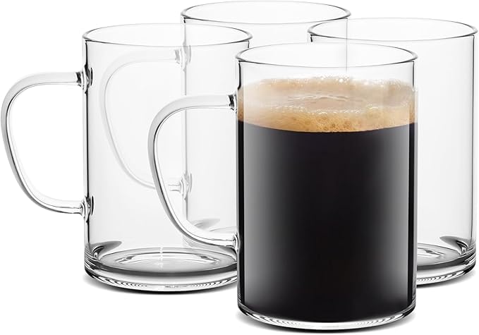 PrimeWorld Glass Coffee Mugs – Set of 4, 470 ml | Large Clear Glass Tea & Coffee Cups | Lead-Free Flat Bottomed Glasses for Latte, Milk, Water & Everyday Beverages - Image 1