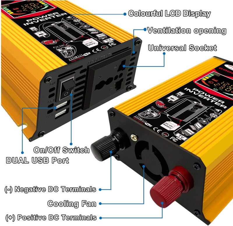 Eacam 6000W Car Power Inverter, DC 12V to AC 220V Converter Modified Sine Wave Inverter High Frequency Car Power Charger Inverter with Dual USB Port Battery Clips LCD Display Screen - Image 2