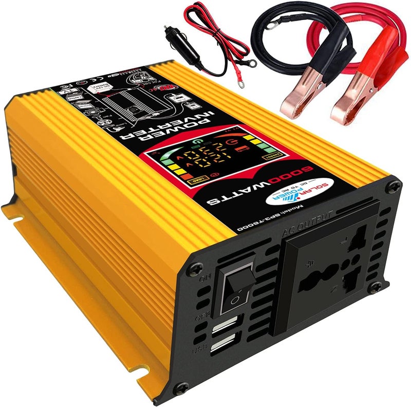 Eacam 6000W Car Power Inverter, DC 12V to AC 220V Converter Modified Sine Wave Inverter High Frequency Car Power Charger Inverter with Dual USB Port Battery Clips LCD Display Screen - Image 1