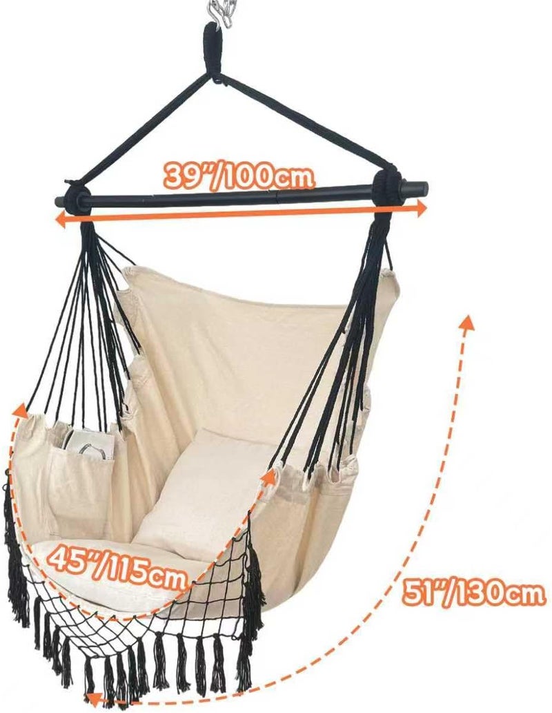 PIRNY Hammock Chair Hanging Rope Swing Chair,Max 500 Lbs, Large Hanging Chair with Pocket, 2 Cushions, Removable Steel Bar, Hardware Kit Included, Sturdy and Comfortable for Indoor Outdoor (Beige) - Image 4