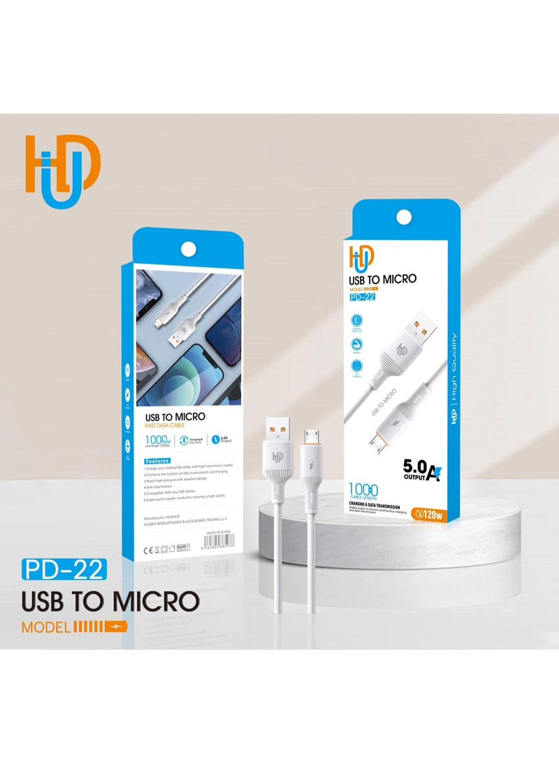 USB to Micro PD-22 Fast Charging Cable 5.0A, 1000mm Durable High-Speed Data Transfer & Charging for Android Devices - Compatible with Samsung, Xiaomi, Huawei, and More