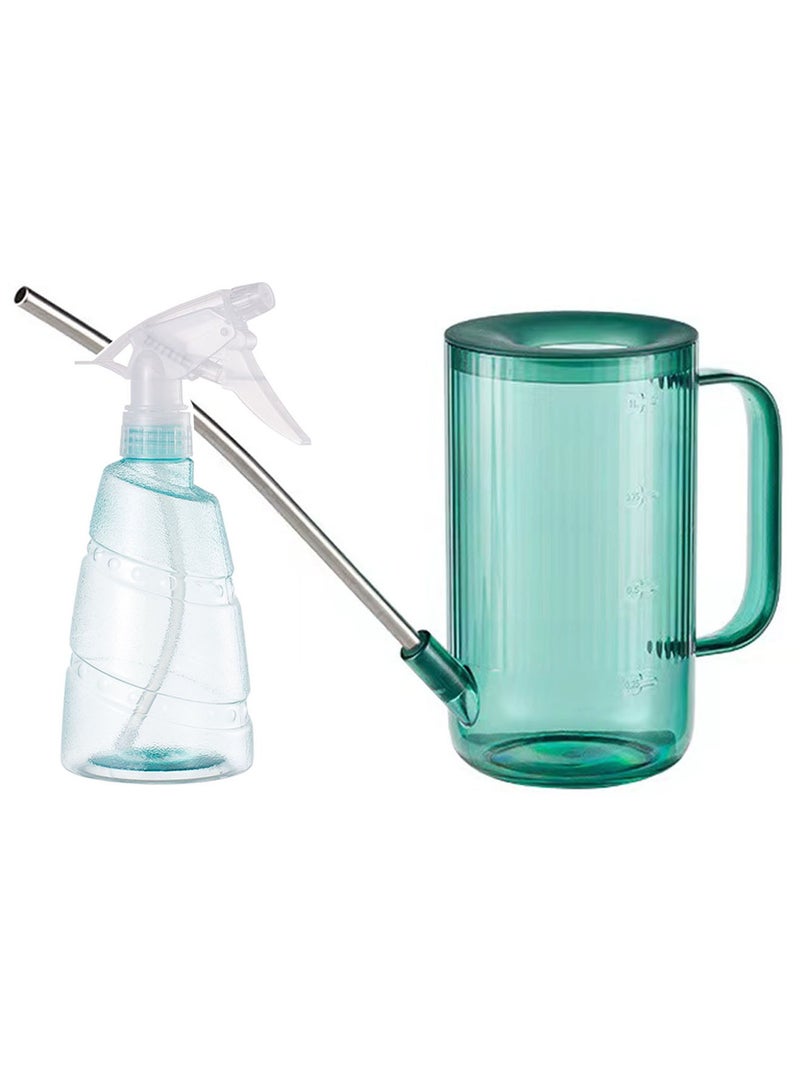 Qiccijoo Watering Can for Indoor/Outdoor Plants 1L/34oz With Stainless Steel Long Spout, Bonus 500ml/17oz Spray Bottle for Watering Plants, Flowers, Succulents and Bonsai (Green) - Image 1