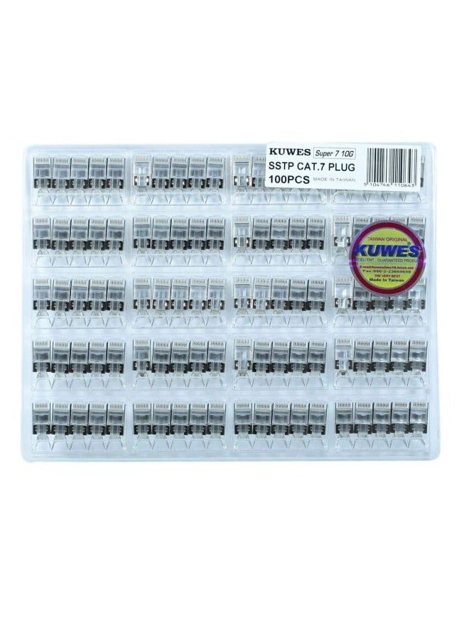 Kuwes Pack Of 100 Super 7 10G RJ45 Cat7 Connectors Silver/Clear - Image 1