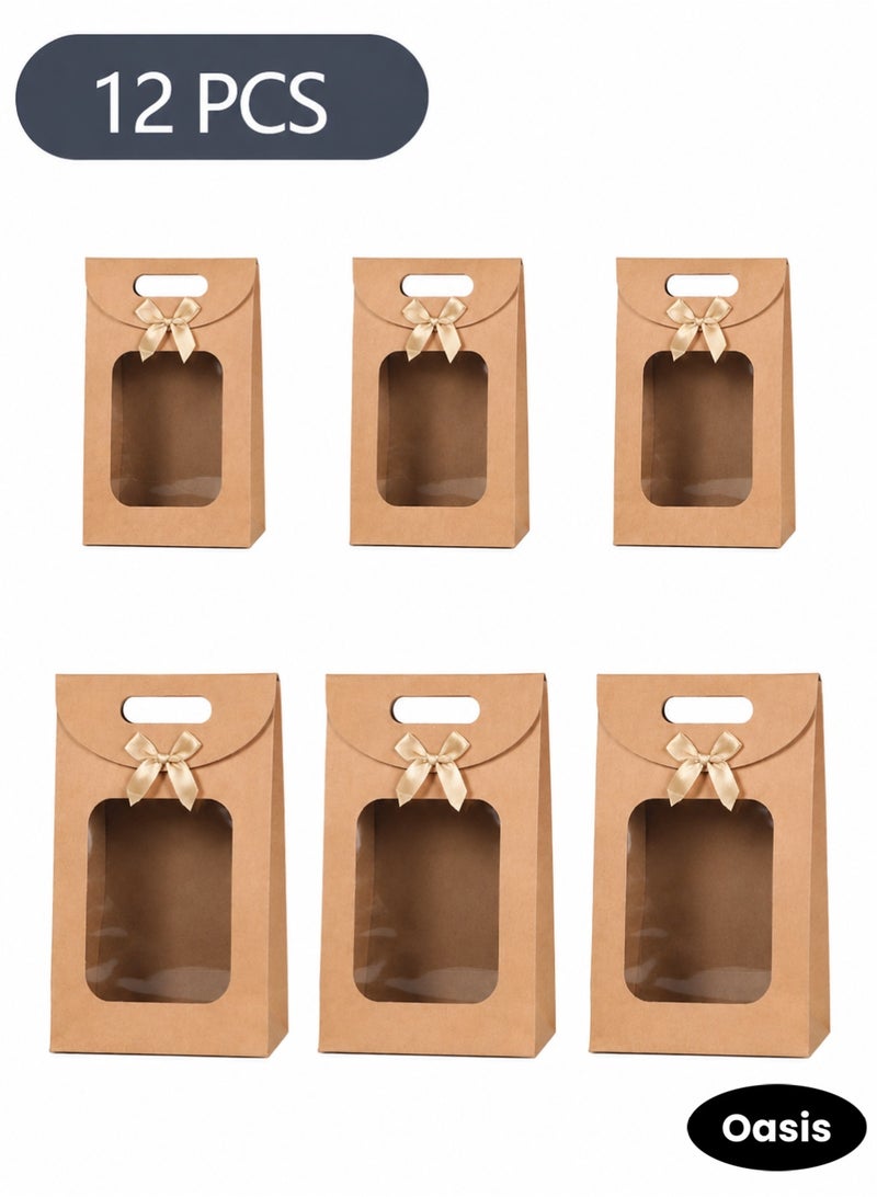 Oasis 12 Pcs Kraft Paper Gift Bags with Window and Bow, Assorted Sizes Premium Goody Treat Bags with Handles and Velcro Closure for Ramadan, Eid, Weddings, Birthdays and Party Favors - Image 1