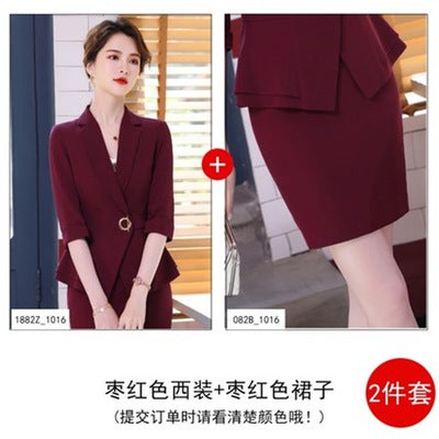 2021 Spring and Summer Fashion Sleeve Suit Jacket Womens Work Clothes Dress Temperament Slim Business Professional suit Wine red coat + skirt