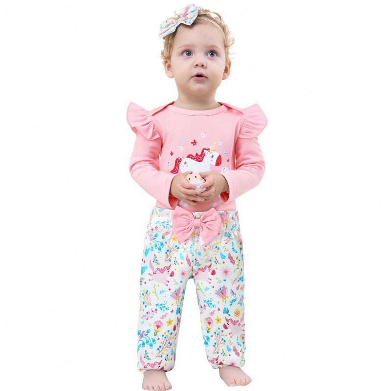 DISAUR Baby Girl Long Sleeve Outfits Pink Adorable Pony Ruffle White Romper Pants Newborn Baby Girl Leave Hospital Outfits - Image 2