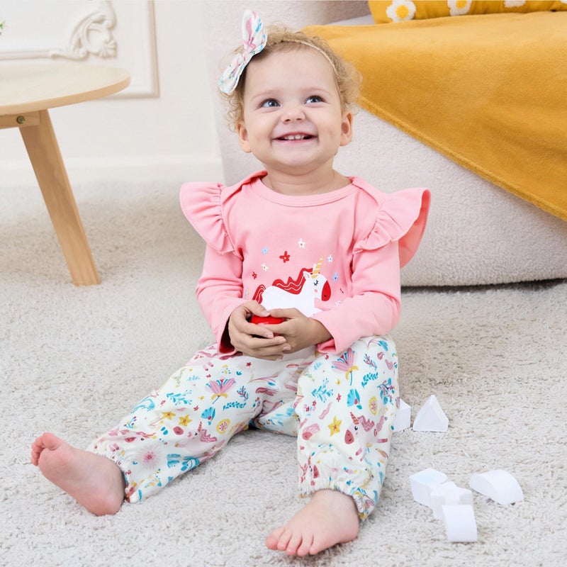 DISAUR Baby Girl Long Sleeve Outfits Pink Adorable Pony Ruffle White Romper Pants Newborn Baby Girl Leave Hospital Outfits - Image 4