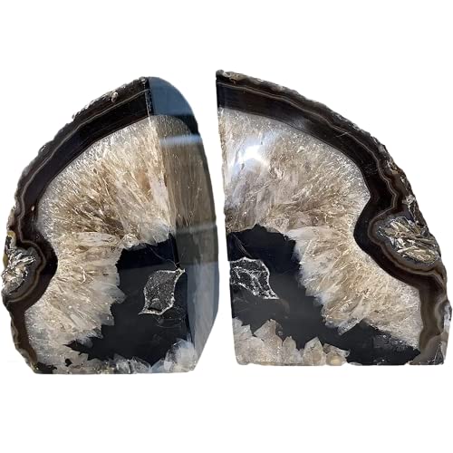 JIC Gem Black Agate Bookend(s) Bookends for Shelves to Hold Books geode bookends with Rubber Bumpers for Office and Home Decoration(1 Pair 2 to 3 Lbs) - Image 1