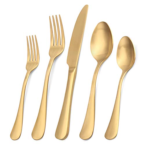 Matte Gold Silverware Set Satin Finish 20Piece Stainless Steel Flatware SetKitchen Utensil Set Service for 4Tableware Cutlery Set for Home and Restaurant Dishwasher Safe