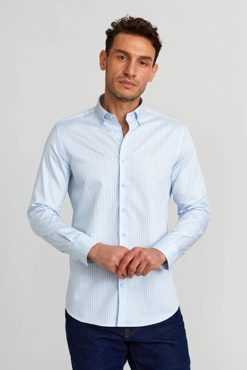 Bisse Sports Shirt Modern Fit Loose Sleeve Pasha Collar Buttoned King Mid Line Satin Pattern. B.z.  Light-Blue GMCZG0822300220_D33